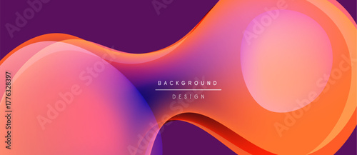 Abstract fluid shapes, vibrant colors blend. Gradient purple, orange hues create dynamic background design. Modern aesthetic.
