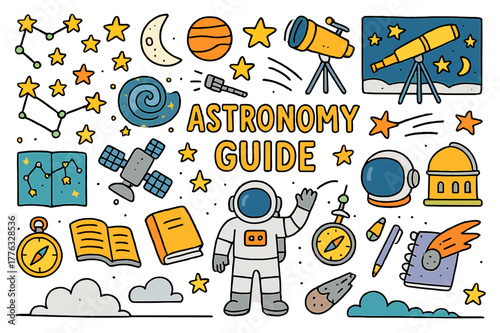 Colorful Astronomy Doodles. Astronomy guides. Hand-drawn doodle illustration constellations (colored), stars (colored), planets (colored), moon (colored),
