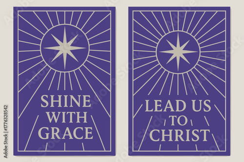 Graceful Starburst Banners. Morning Star. Two vertical A6 banners with safe margins, centered composition, no elements touching edges, geometric, royal purple