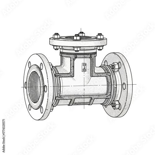 Industrial Pipe Tee Joint Flanged Fitting Engineering Sketch Vector Illustration