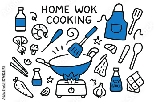 Home Wok Cooking Icons. // Home wok cooking. Hand-drawn doodle illustration Home wok cooking [gas stove flame (accented), wok (accented), shrimp, spatula