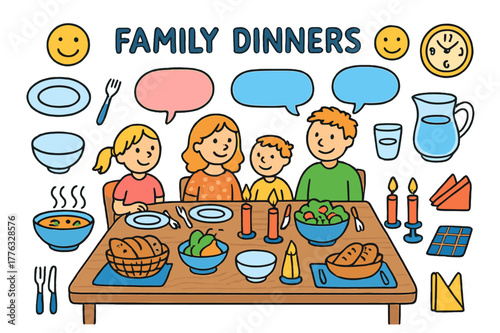 Family Dinner Doodle. Family dinners. Colorful Hand-drawn doodle Children illustration Family dinners dining table, plates, bowls, cutlery, steaming soup,