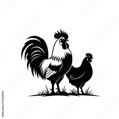 Rooster and Hen Silhouette Illustration – Farm Chicken Poultry Vector Art