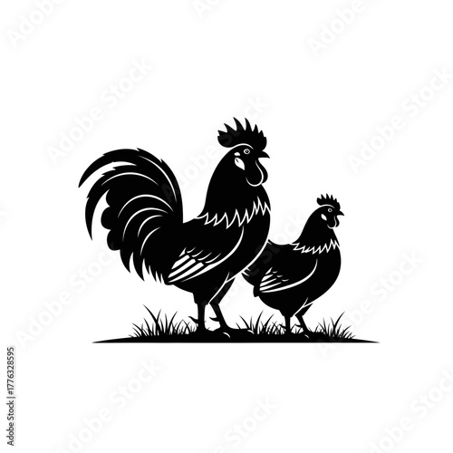 Rooster and Hen Silhouette Illustration – Farm Chicken Poultry Vector Art