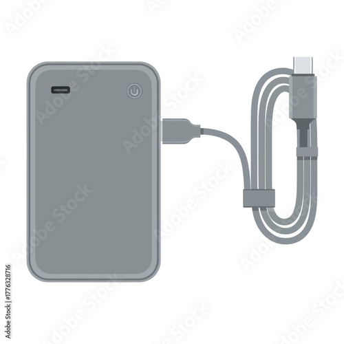Modern grey portable power bank with an attached USB-C charging cable, vector illustration.
