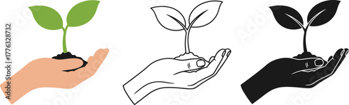 Hand holding plant seedling vector illustration set design