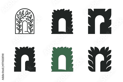 Secret Path Logos. Secret Path. Set Logo of Secret Path: hidden gate in hedgerow. harmonious logo variations of the same emblematic concept, each