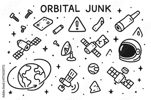 Space Debris Doodle. Orbital junk. Hand-drawn doodle illustration orbital junk satellites, bolts, metal plates, rocket parts, Earth orbit, radar dish, warning