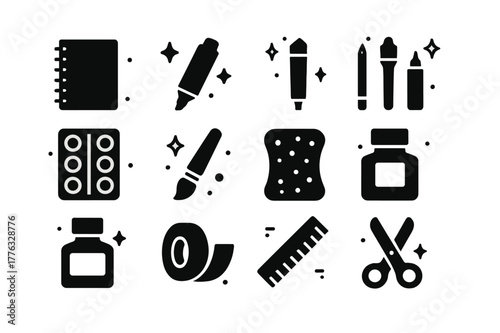 Art Supplies Icons. Art Supplies. Solid icons set of Art Supplies: sketchbook, marker, colored pencil, fineliner, watercolor palette, paintbrush, sponge,