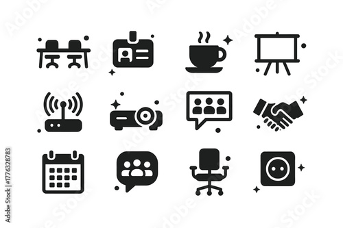 Coworking Icons Collection. Coworking and Meetups. Solid icons set of Coworking and Meetups: shared desk, name tag, coffee cup, whiteboard, wifi router,