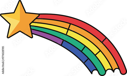 A cheerful vector cartoon illustration of a golden star with a trailing rainbow comet tail, featuring segmented colorful arcs, representing magic and joy.