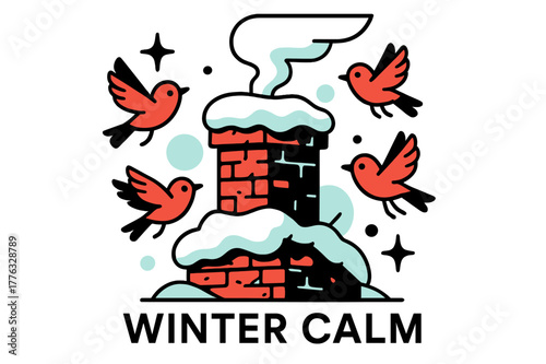 Winter Chimney Scene. Old Brick Chimney. Weathered bricks peek through soft snow layers; snowbirds flutter around as smoke gently rises. ?Winter Calm? floats