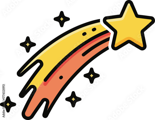 A vibrant vector cartoon illustration of a shooting star, featuring a yellow star with a dynamic orange and yellow comet tail, accented with sparkles, in a bold outline style.