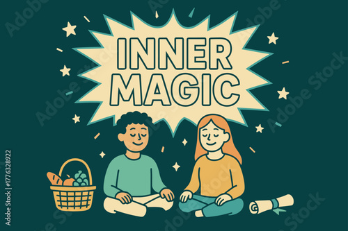 Peaceful Celebration Magic. Inner magic banner, flat vector illustration, bold oversized text inside comic burst, cartoon characters sitting peacefully and