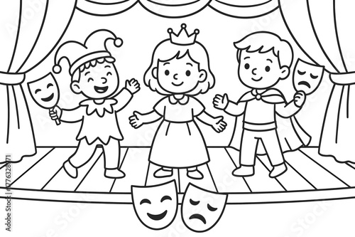 Kids Performing Arts. Self-expression through drama children?s coloring book illustration, outlined drawing, children performing on a small stage with masks