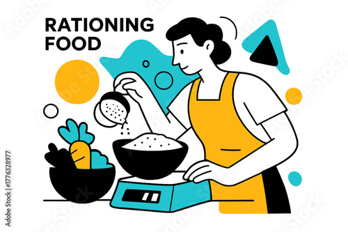 Measuring Food Portions. Rationing Food. Person measuring portions of food with floating abstract geometric shapes and soft light accents, careful