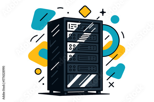Modern Data Center Art. Server Rack. Server rack in a modern data center with floating abstract geometric shapes and light reflections, organized and