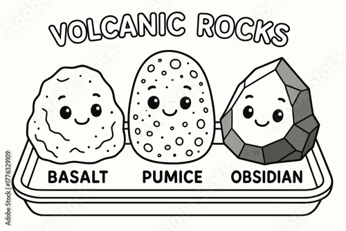 Cute Rock Characters. Volcanic rocks children?s coloring book illustration, outlined drawing, three cute rock characters labeled basalt, pumice, and obsidian