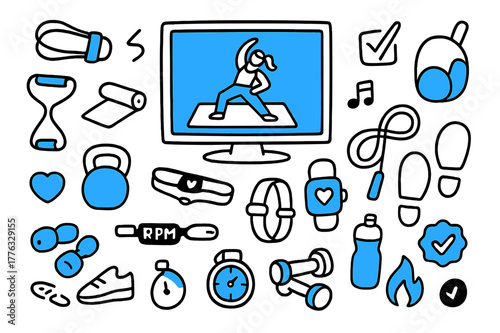 Home Fitness Essentials. // Home fitness & guided workouts. Hand-drawn doodle illustration home fitness & guided workouts [smart TV class screen (accented),