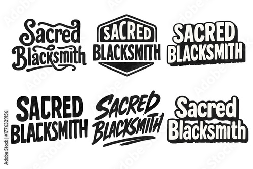 Sacred Blacksmith Lettering. Sacred Blacksmith. Set lettering. harmonious lettering variations of the same emblematic concept (Whimsical curly type with