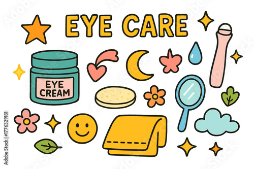 Colorful Eye Care Icons. Eye Care. Colorful Hand-drawn doodle Children illustration Eye Care eye cream jar, roller ball, cotton pad, sparkle, star, moon,