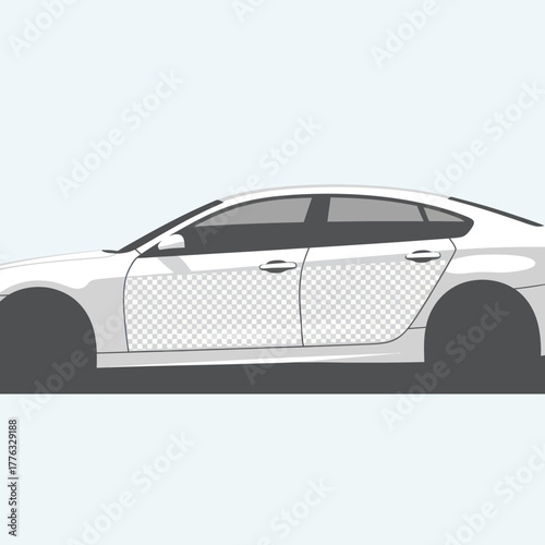 Side profile of a white sedan car mockup with a transparent area for vehicle branding and advertising.