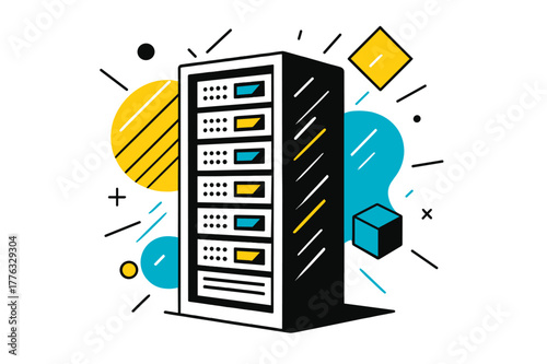 Modern Data Center Art. Server Rack. Server rack in a modern data center with floating abstract geometric shapes and light reflections, organized and