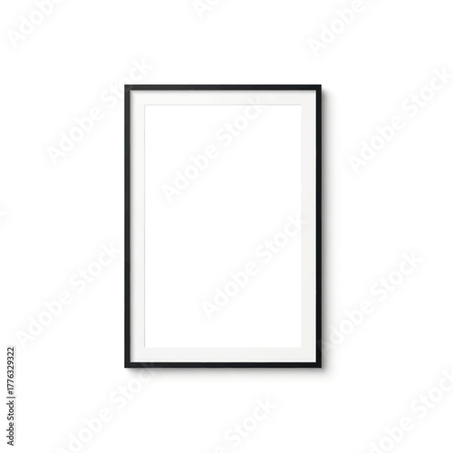 Vertical black wooden picture frame mockup with white matting for art or poster display.