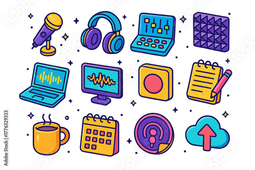 Podcast Icon Collection. Podcast creator. Colorful isometric vector icons set of podcast creator: microphone, headphones, audio mixer, soundproof foam, laptop,