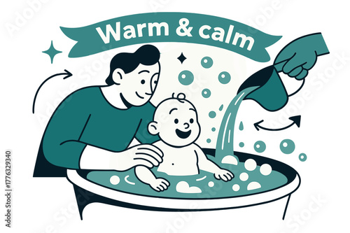 Gentle Baby Bath. Gentle bath time. Bubbles rise like tiny moons as a parent supports the baby?s shoulders; ?Warm & calm? ribbon floats. A soft cup pours a
