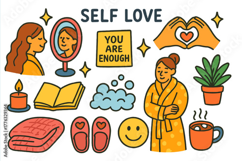 Self Love Doodles. Self love. Colorful Hand-drawn doodle Children illustration Self love mirror, heart hands, cozy robe, candle, book, bath bubbles, plant, cup
