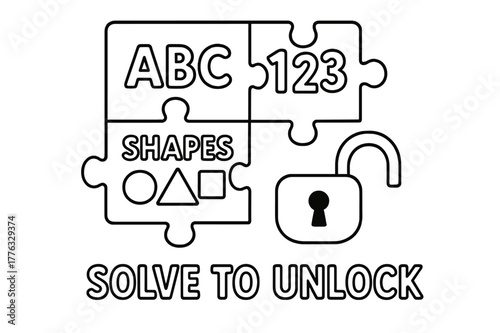 Educational Puzzle Coloring. Puzzle challenge module children?s coloring book illustration, outlined drawing, big interlocking puzzle pieces labeled ABC, , and
