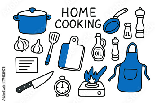 Home Cooking Essentials. // Home cooking. Hand-drawn doodle illustration Home cooking [pot (accented), skillet (accented), spatula, cutting board (accented),