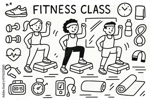 Doodle Fitness Icons. Fitness Class. Hand-drawn doodle illustration Fitness Class step aerobic step, group of people, sneakers, dumbbells, water bottle, towel,