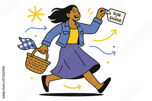 Picnic Style Scene. Picnic-ready look. Gingham scarf fluttering from a basket, midi skirt and tank layered with a light denim jacket; ?sun + shade? note on a