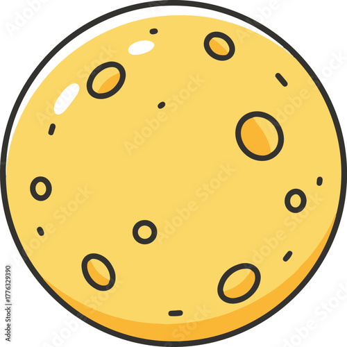 A playful vector cartoon illustration of a full moon, depicted in yellow with a black outline and various craters, giving it a friendly and stylized appearance.
