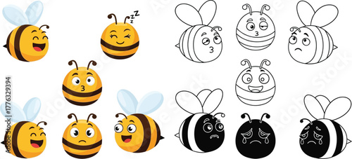 Cartoon bee vector illustration with different expressions set
