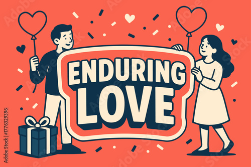 Enduring Love Celebration. Enduring Love banner, flat vector illustration, bold oversized text inside sticker outline banner, cartoon characters standing and