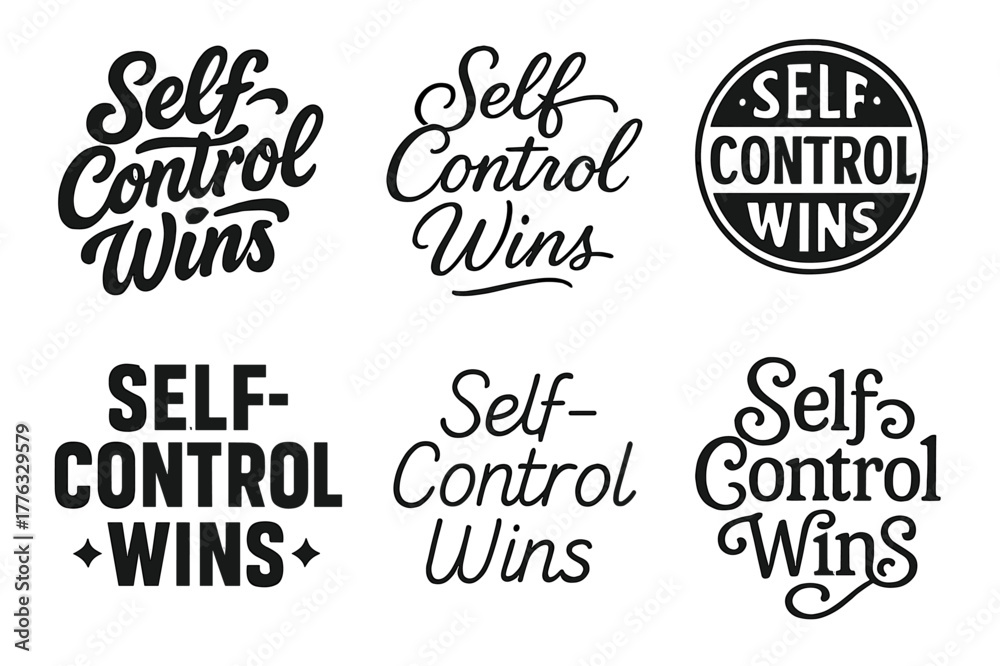 Fototapeta premium Diverse Lettering Styles. Self-Control Wins. Set lettering. harmonious lettering variations of the same emblematic concept, each with different artistic