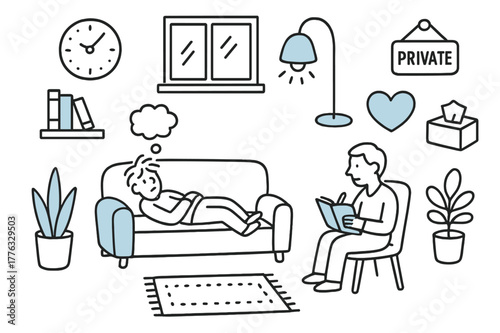 Therapist Session Doodle. // Therapist session. Hand-drawn doodle illustration Therapist session [sofa (accented), therapist notebook (accented), clock,