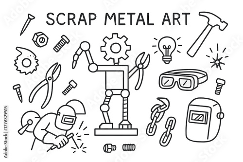 Scrap Metal Art Doodles. Scrap metal art. Hand-drawn doodle illustration scrap metal art sculpture, bolts, nuts, saw blade, gear, hammer, welder, chain,