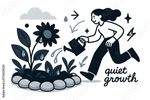 Expressive Garden Scene. Pebble ? Garden Corner. Pebbles line a flower bed with soft shadows; droplets glint after rain. Label ?quiet growth? in small script