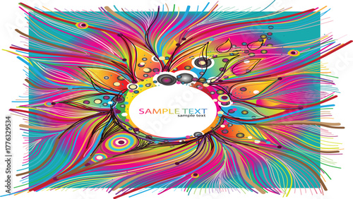 Vibrant abstract explosion of colorful lines and shapes with a central white circle