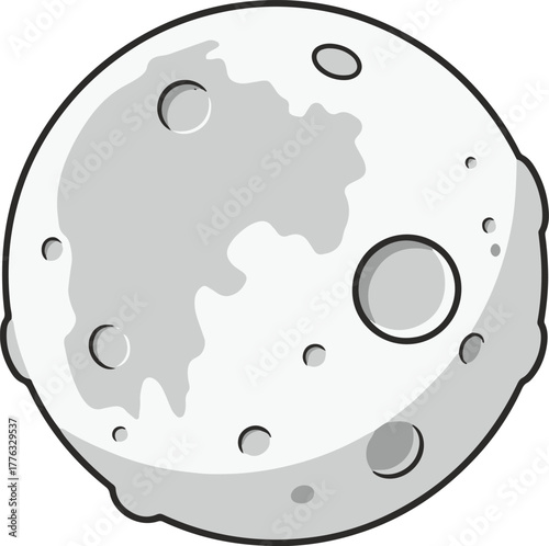 A cartoon vector illustration of a cratered moon, rendered in shades of grey and white with a bold black outline, conveying a fun and stylized celestial body.