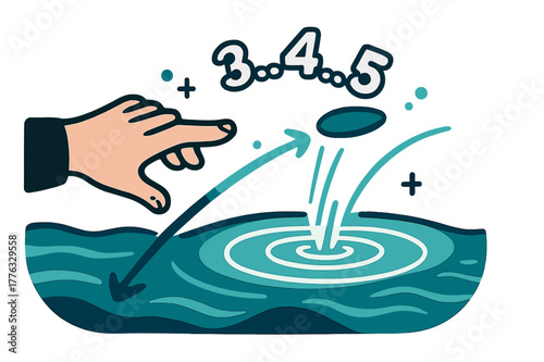 Skipping Ocean Pebbles. Pebble ? Ocean Toss. A hand skips a stone across calm waves; concentric splash circles expand in rhythm. Text ?......? arcs with the