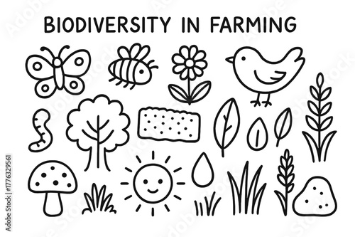 Biodiverse Farming Doodle. Biodiversity in farming. Hand-drawn doodle illustration Biodiversity in farming butterfly, bee, flower, bird, tree, worm, soil,