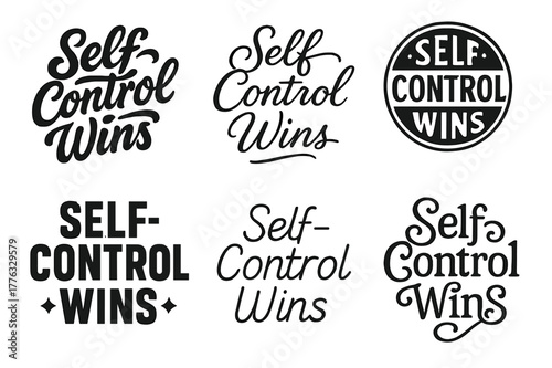 Diverse Lettering Styles. Self-Control Wins. Set lettering. harmonious lettering variations of the same emblematic concept, each with different artistic