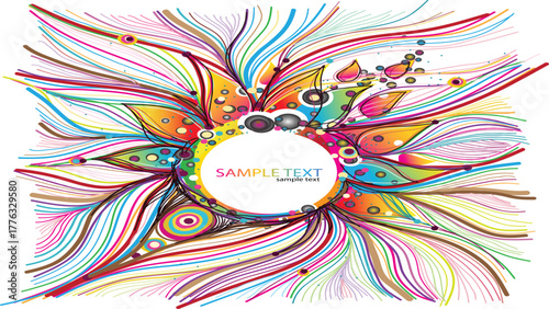Vibrant abstract floral design with colorful swirling lines and a central white circle