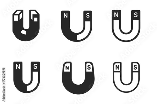 Magnet Pole Logos. Pole. Set Logo of Pole: Magnet with north?south poles. Icon set. harmonious logo variations of the same emblematic concept, each with