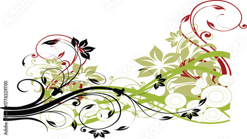Elegant floral swirls and leaves in green and red with a white background